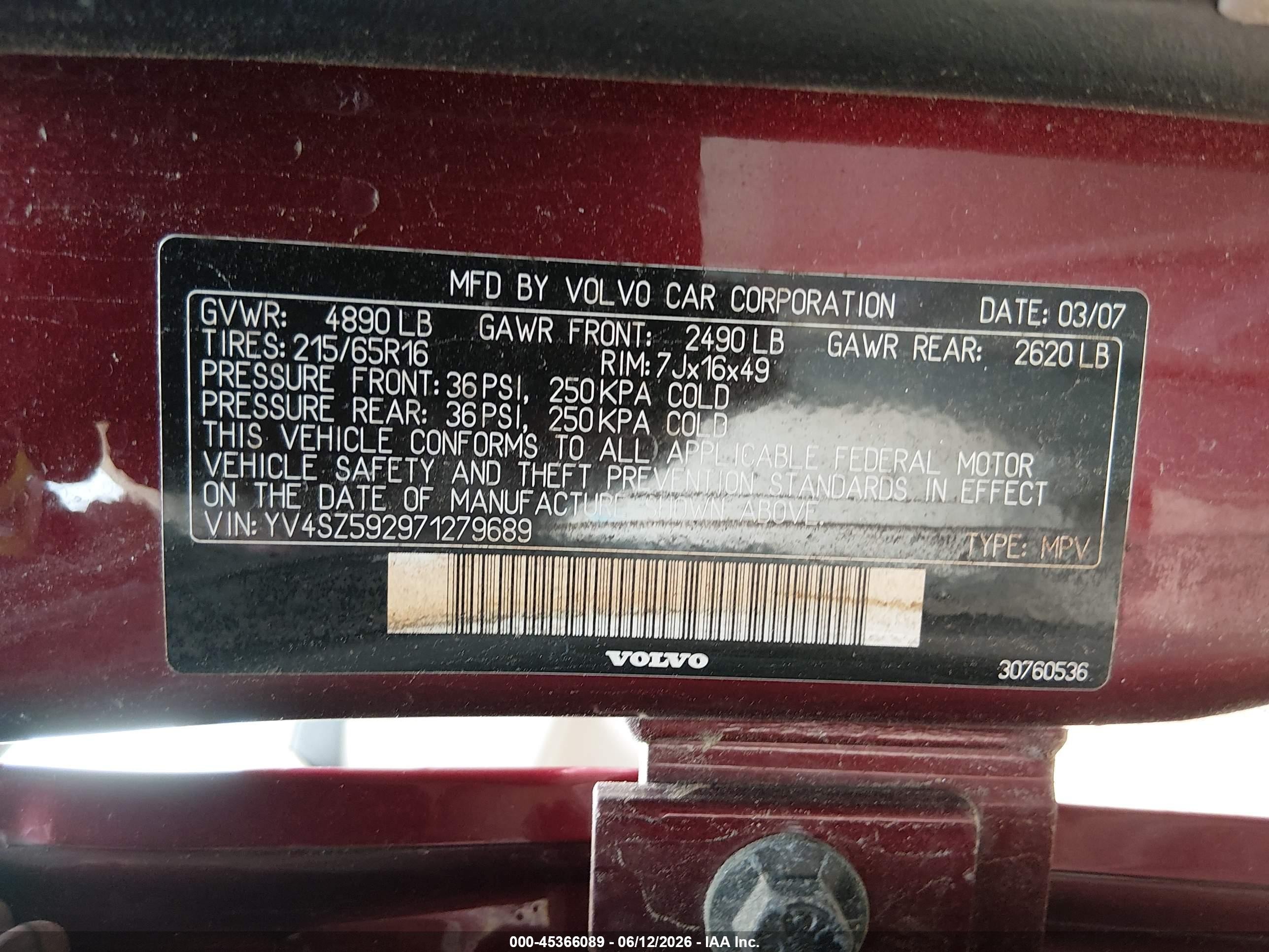 2007 Volvo Xc70 2.5t Red vin: YV4SZ592971279689