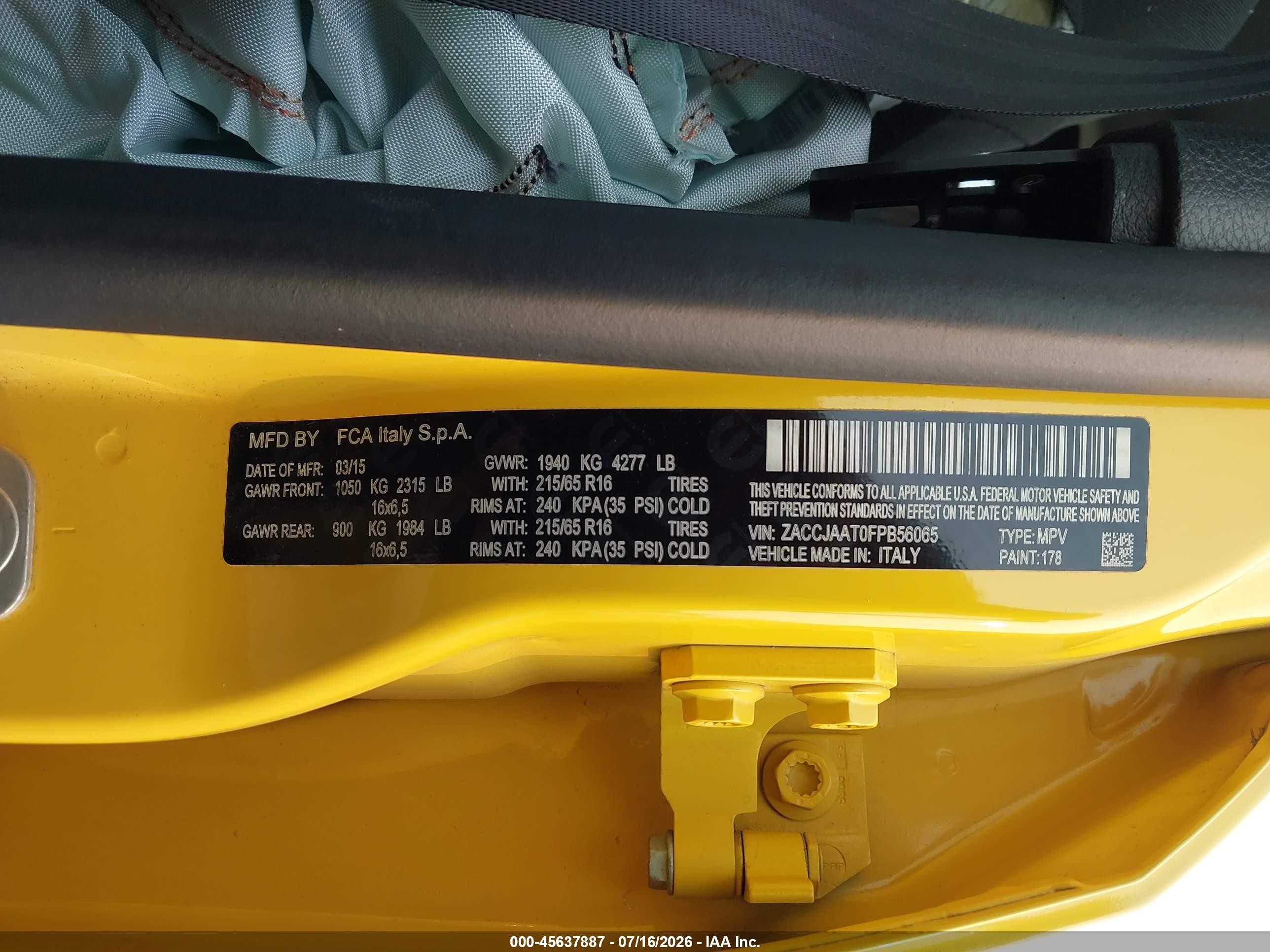 2015 Jeep Renegade Sport Yellow vin: ZACCJAAT0FPB56065