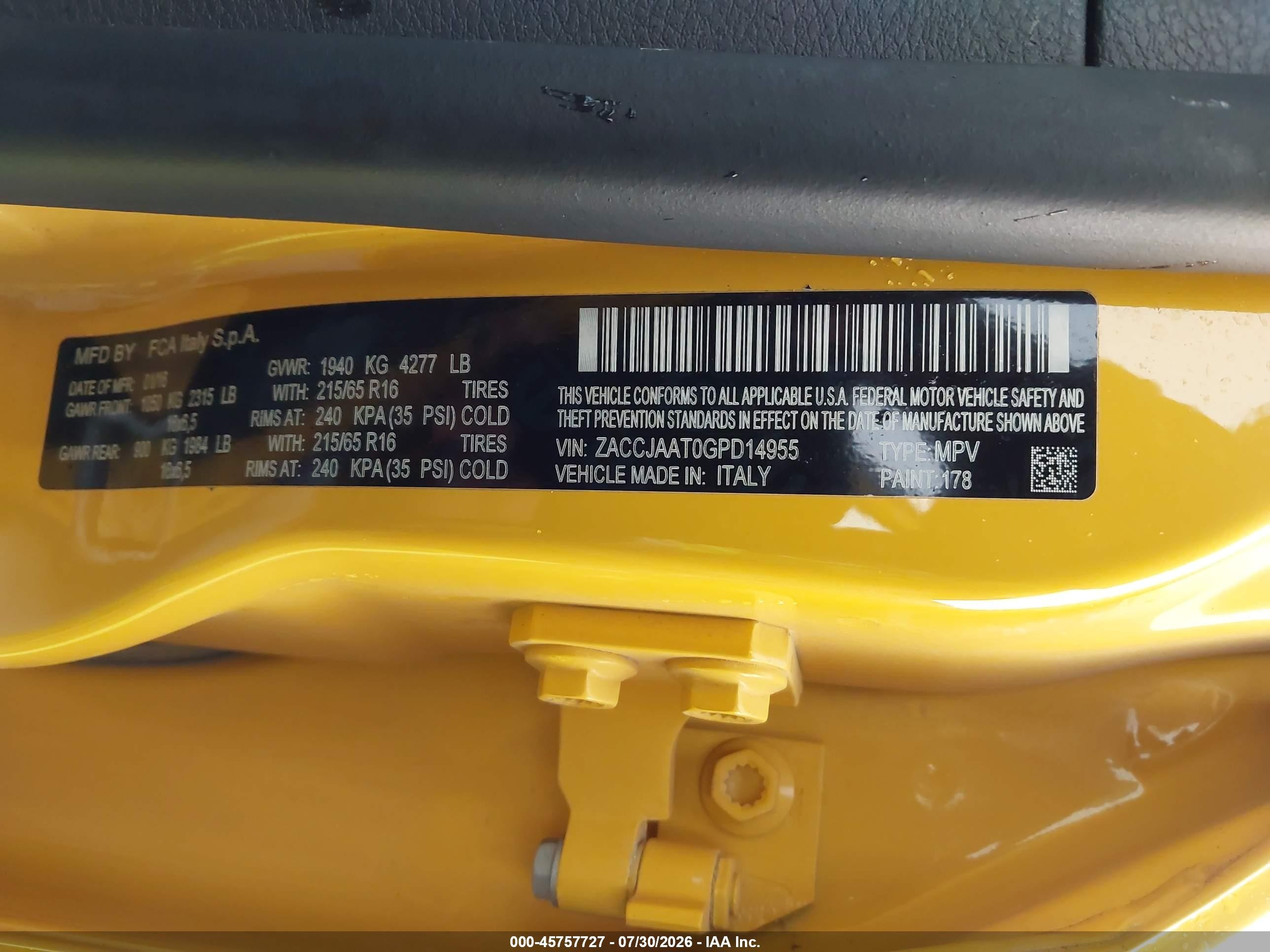 2016 Jeep Renegade Sport Yellow vin: ZACCJAAT0GPD14955