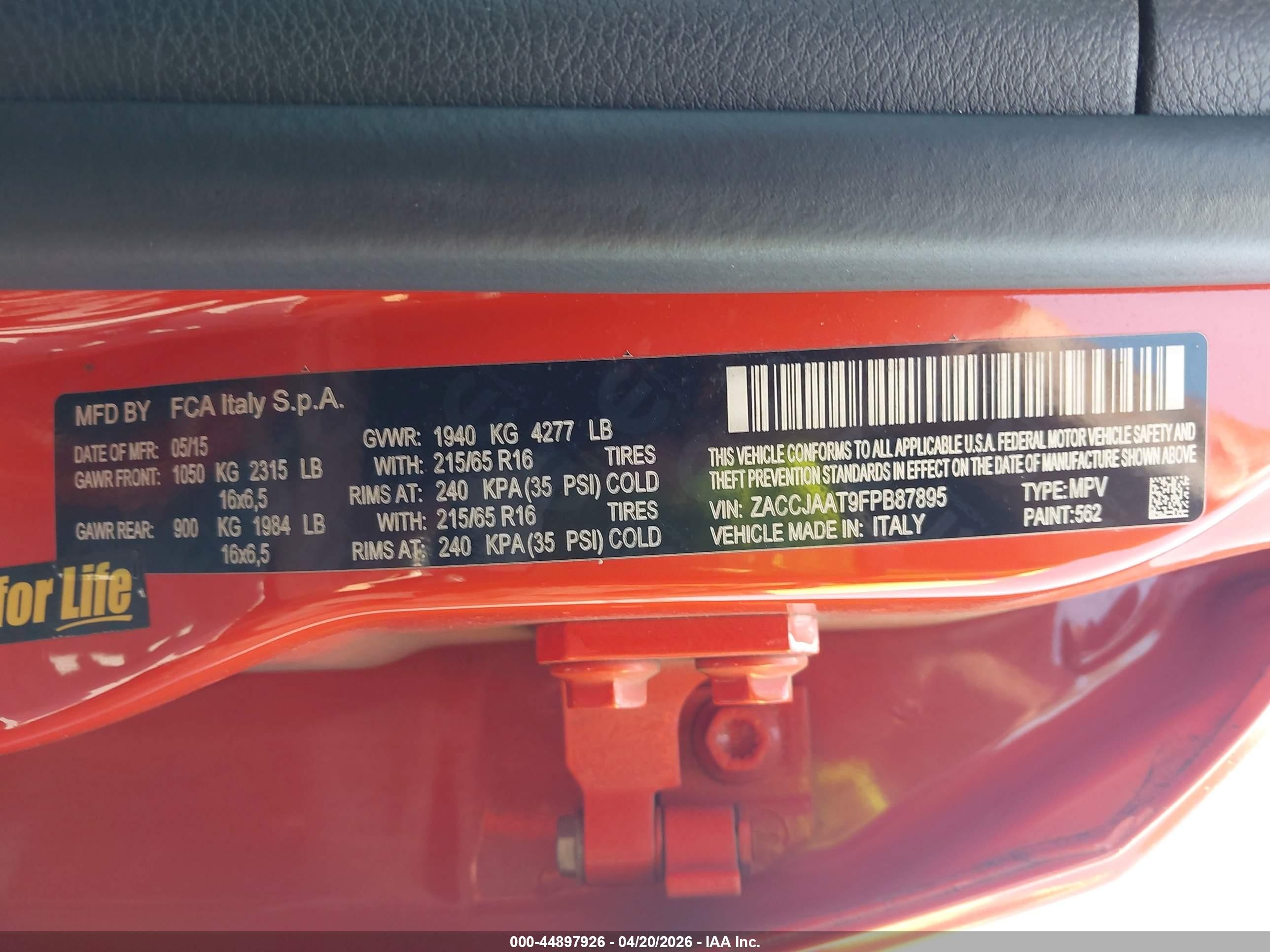 2015 Jeep Renegade Sport Оранжевый vin: ZACCJAAT9FPB87895