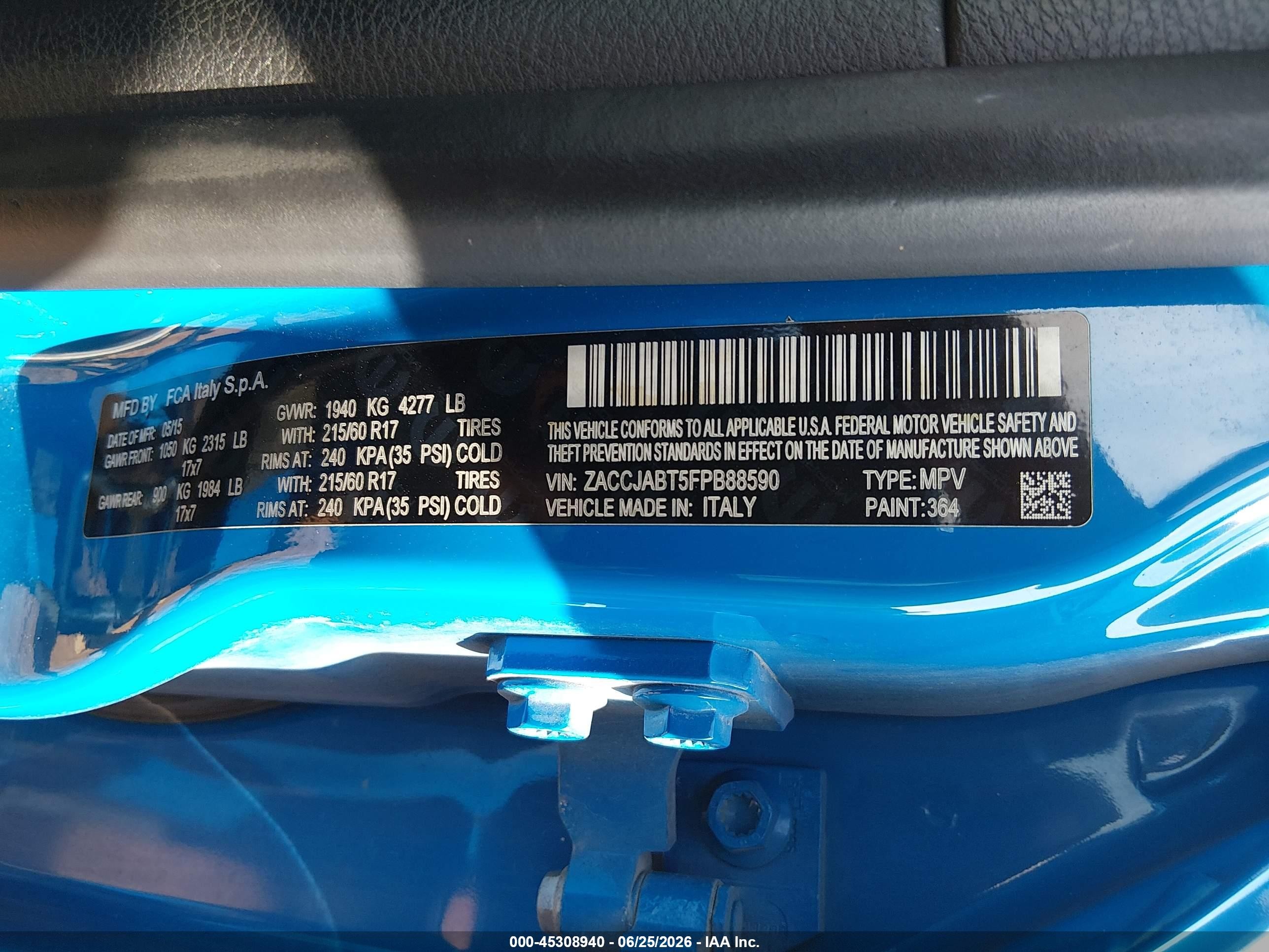 2015 Jeep Renegade Latitude Blue vin: ZACCJABT5FPB88590