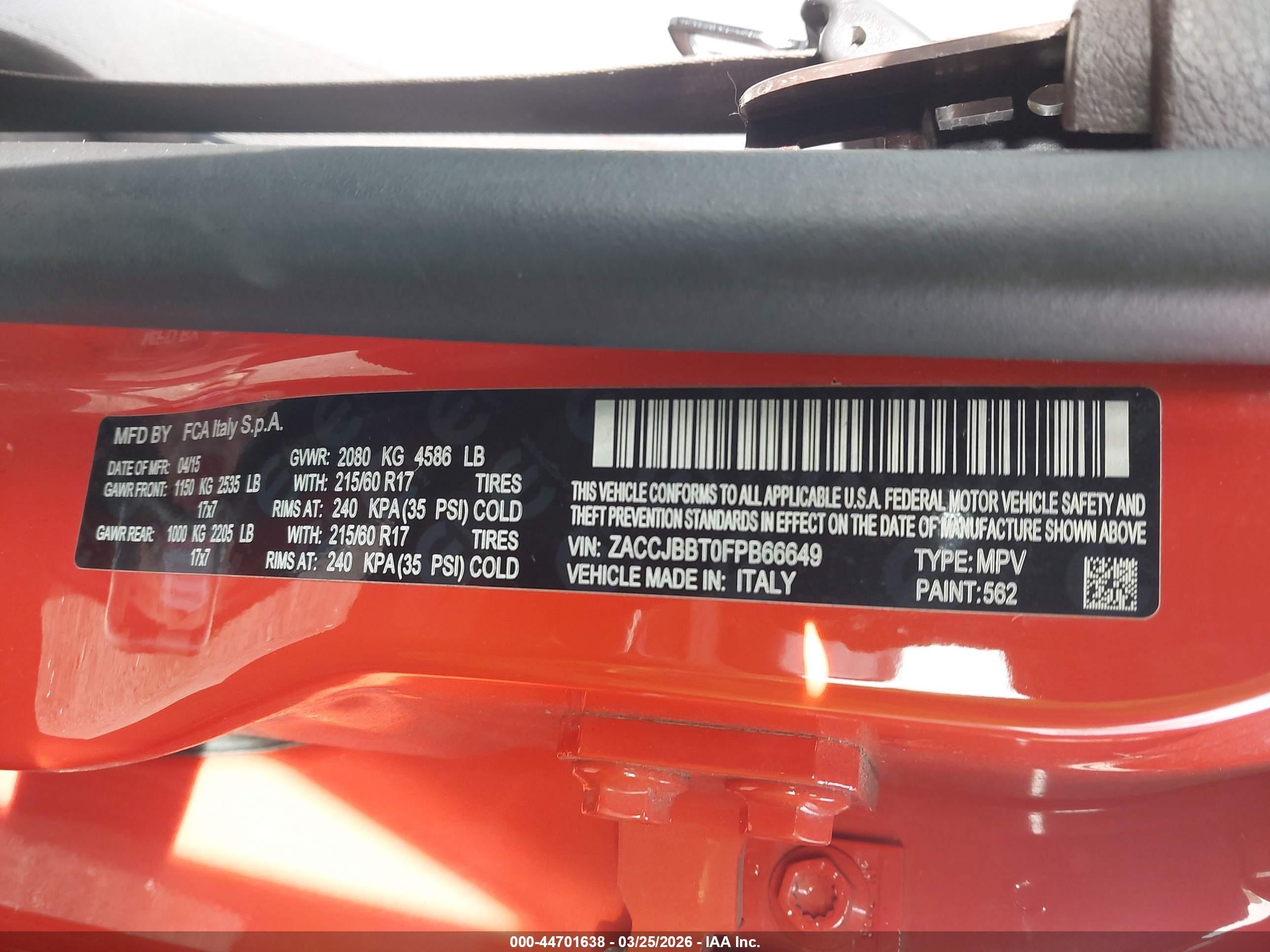 2015 Jeep Renegade Latitude Оранжевый vin: ZACCJBBT0FPB66649