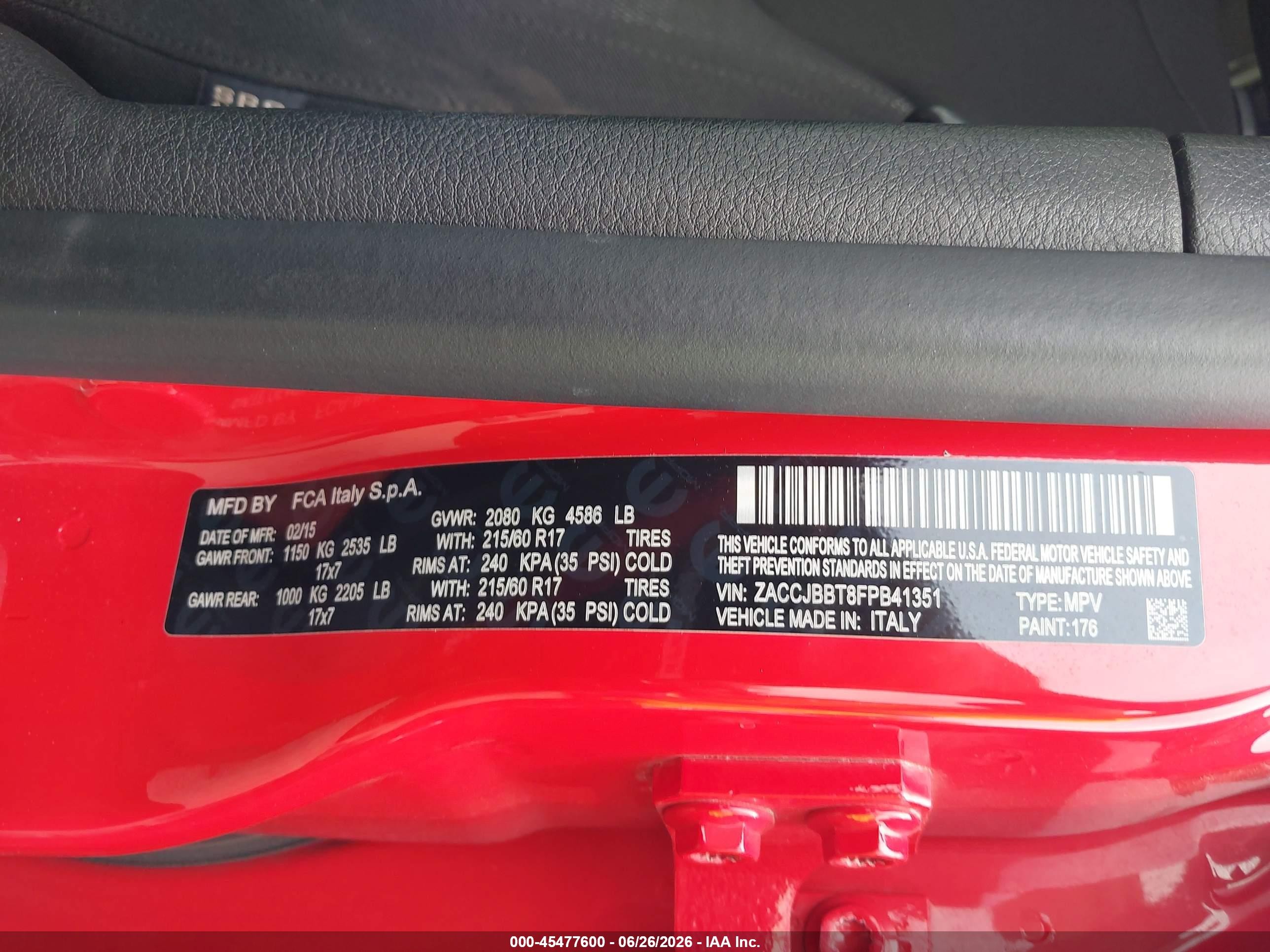 2015 Jeep Renegade Latitude Red vin: ZACCJBBT8FPB41351