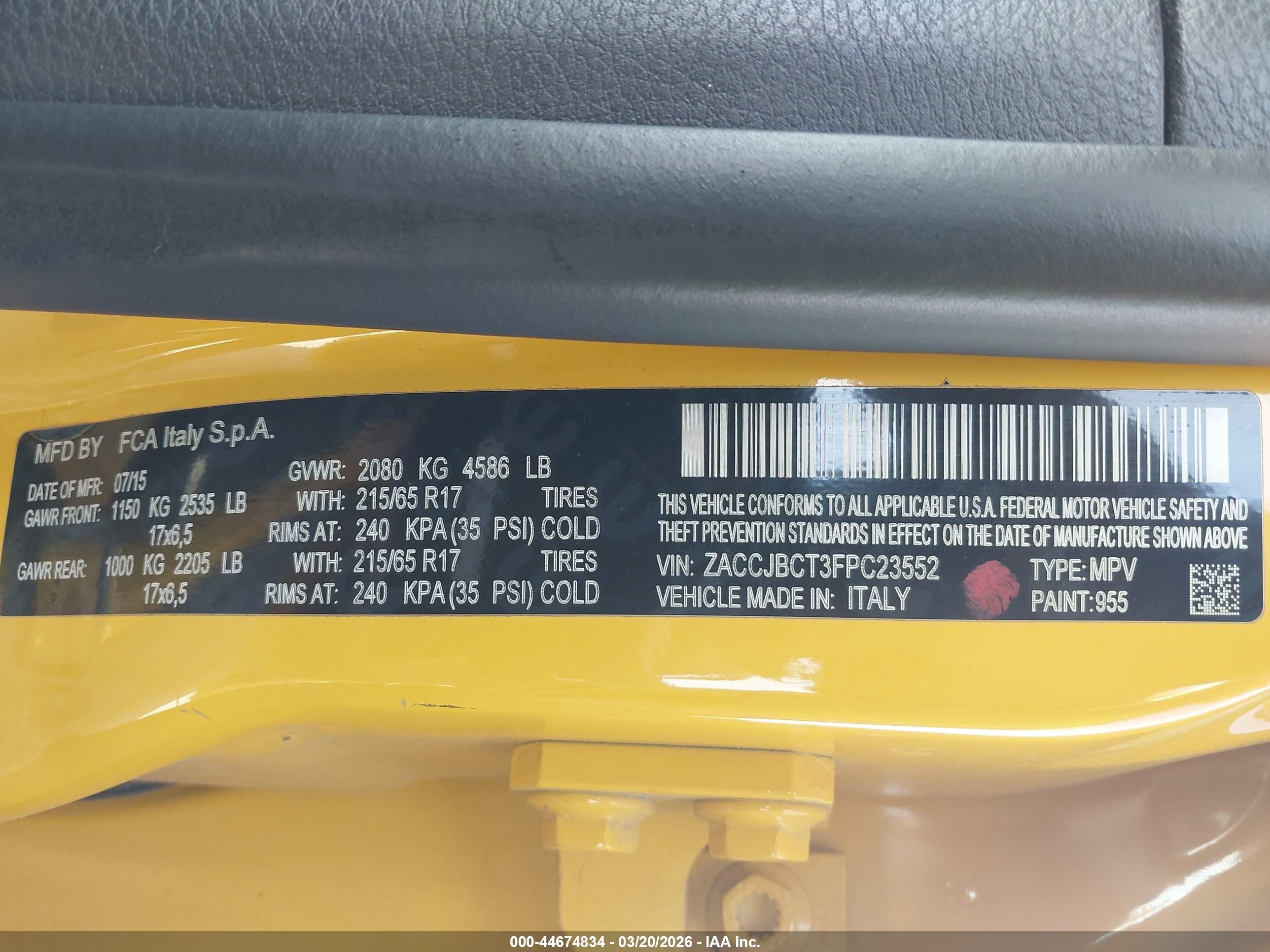 2015 Jeep Renegade Trailhawk Yellow vin: ZACCJBCT3FPC23552