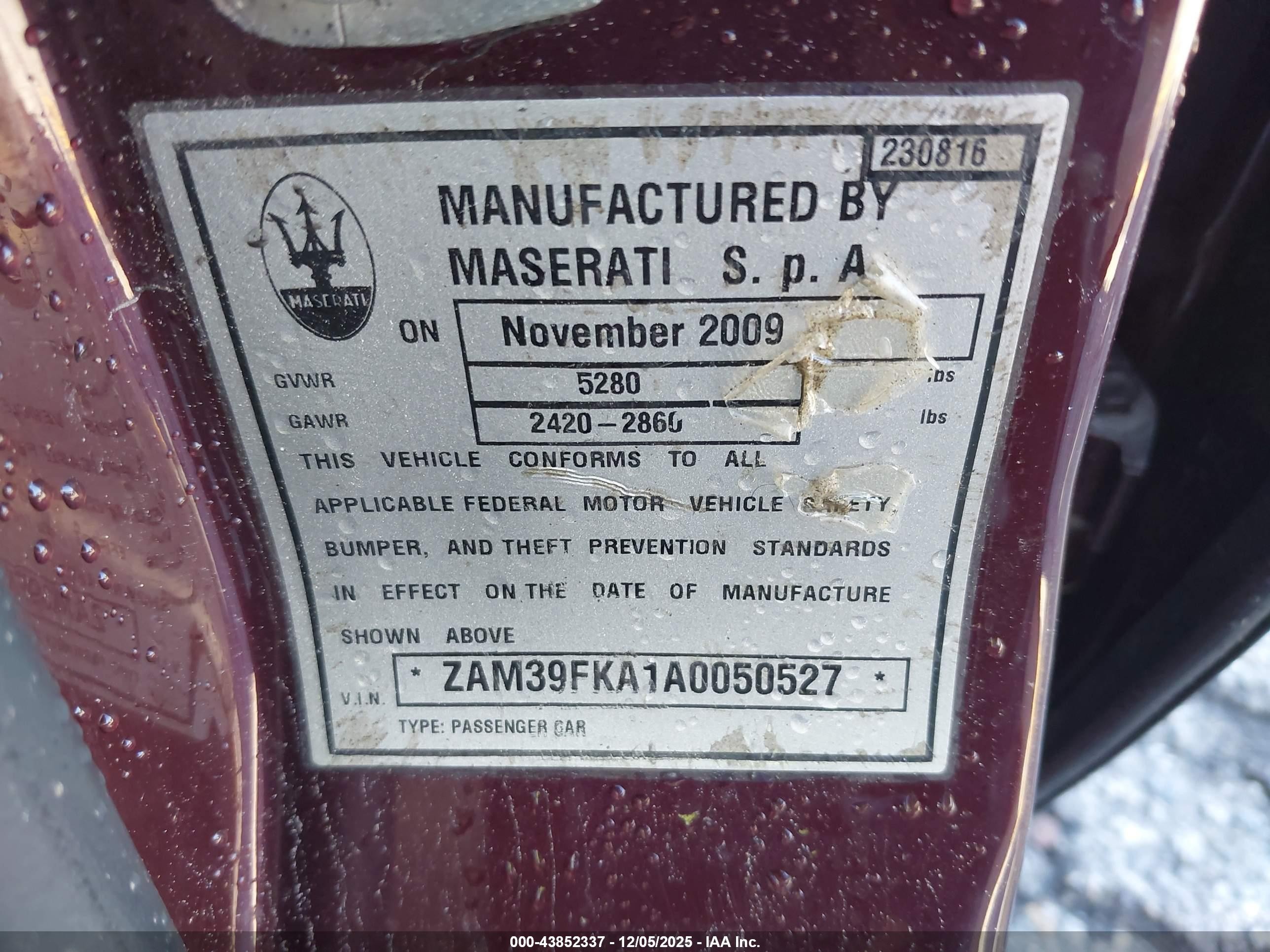 2010 Maserati Quattroporte   Бордовый vin: ZAM39FKA1A0050527