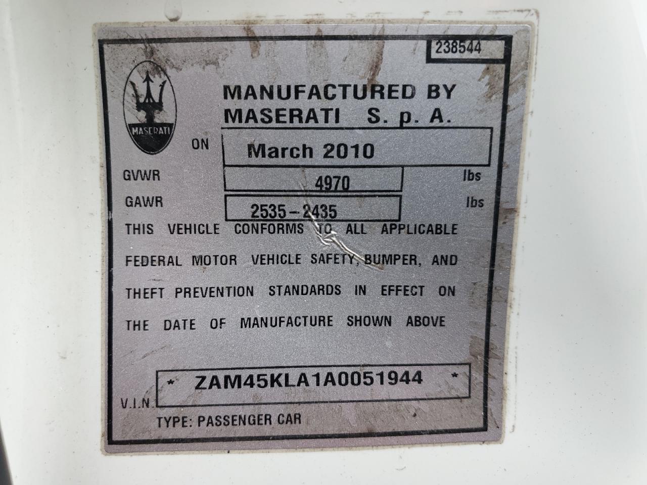 2010 Maserati Granturismo S White vin: ZAM45KLA1A0051944