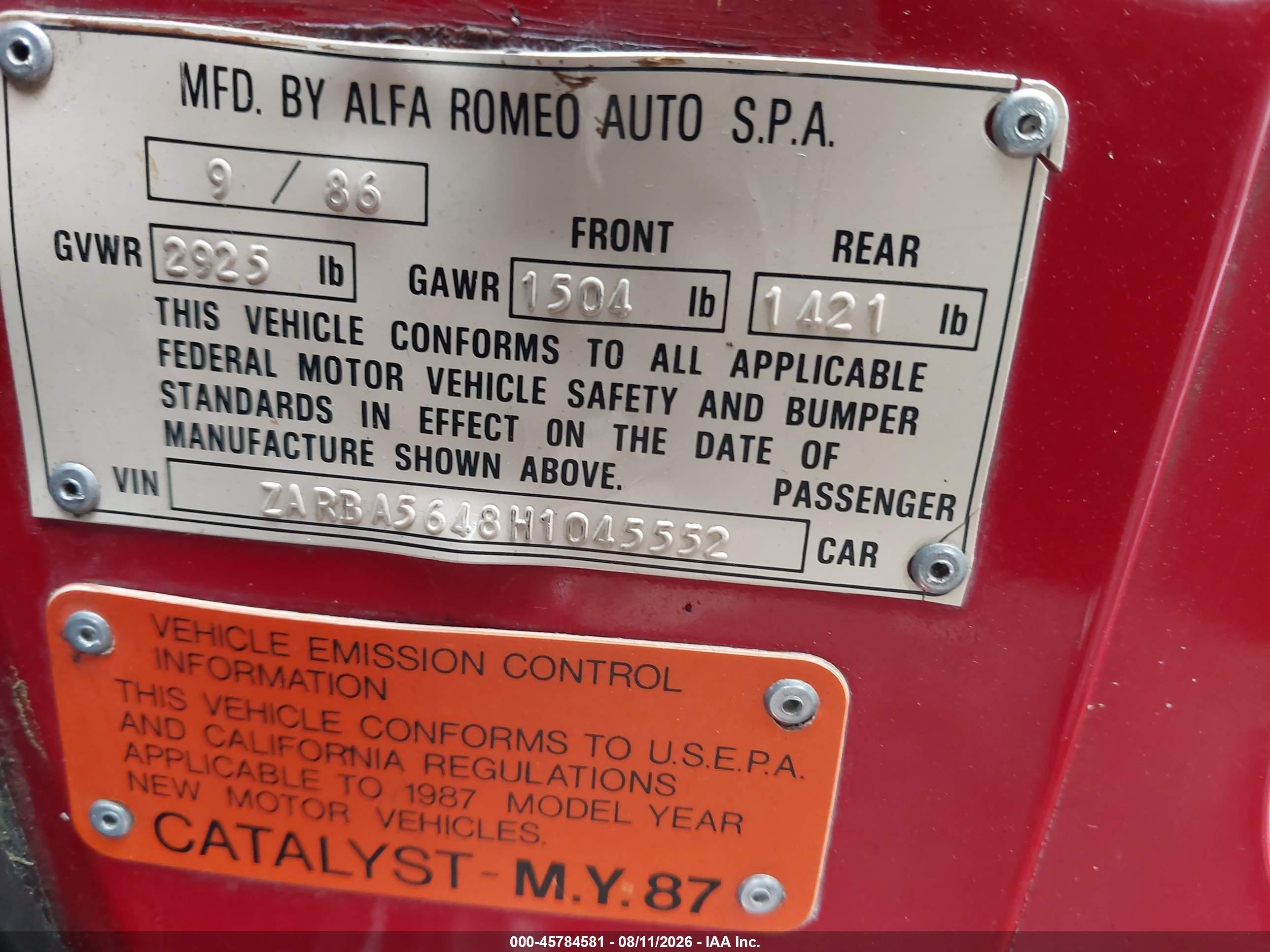 1987 Alfa Romeo Spider Graduate Red vin: ZARBA5648H1045552