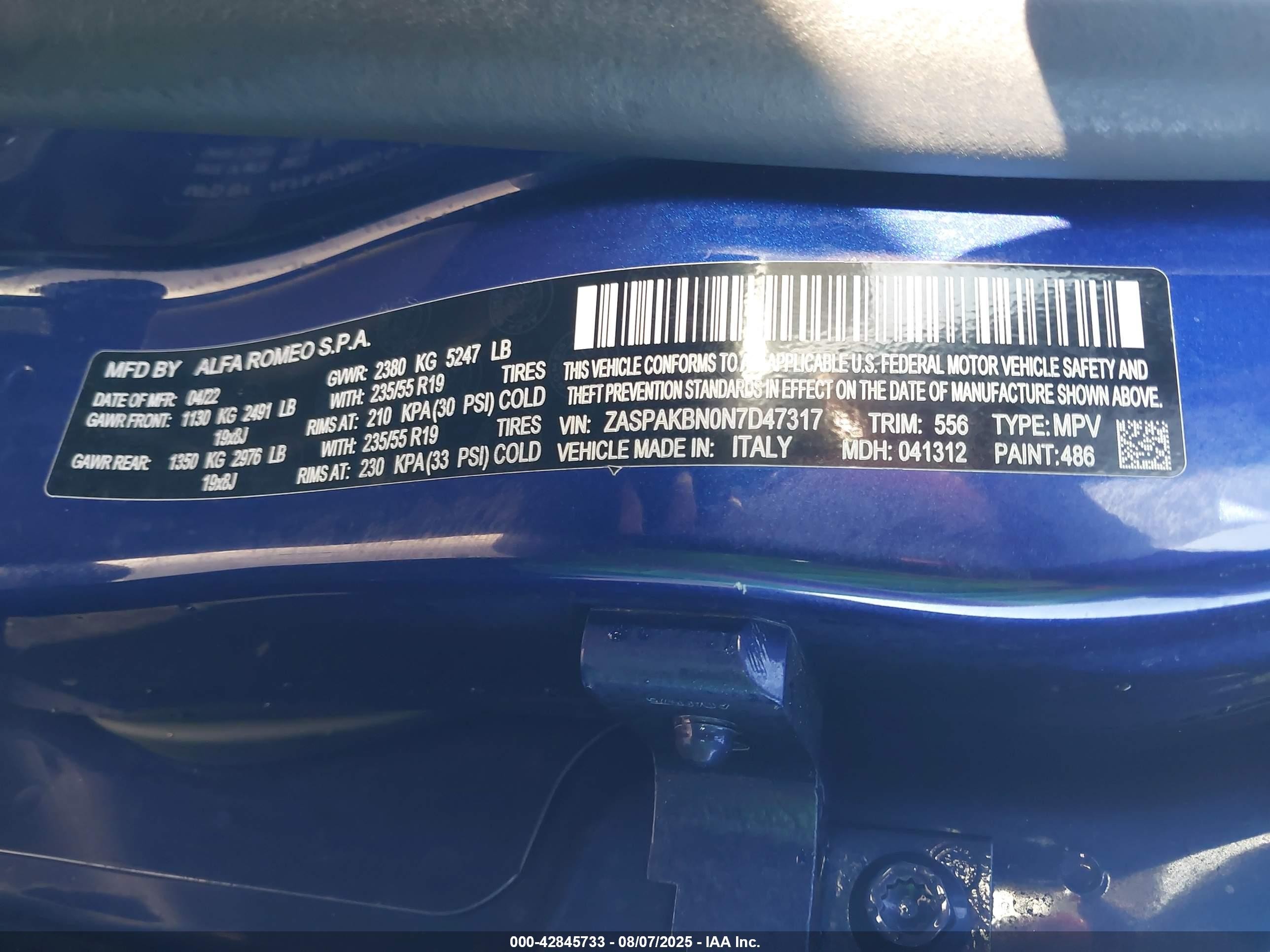 2022 Alfa Romeo Stelvio Ti Awd Blue vin: ZASPAKBN0N7D47317