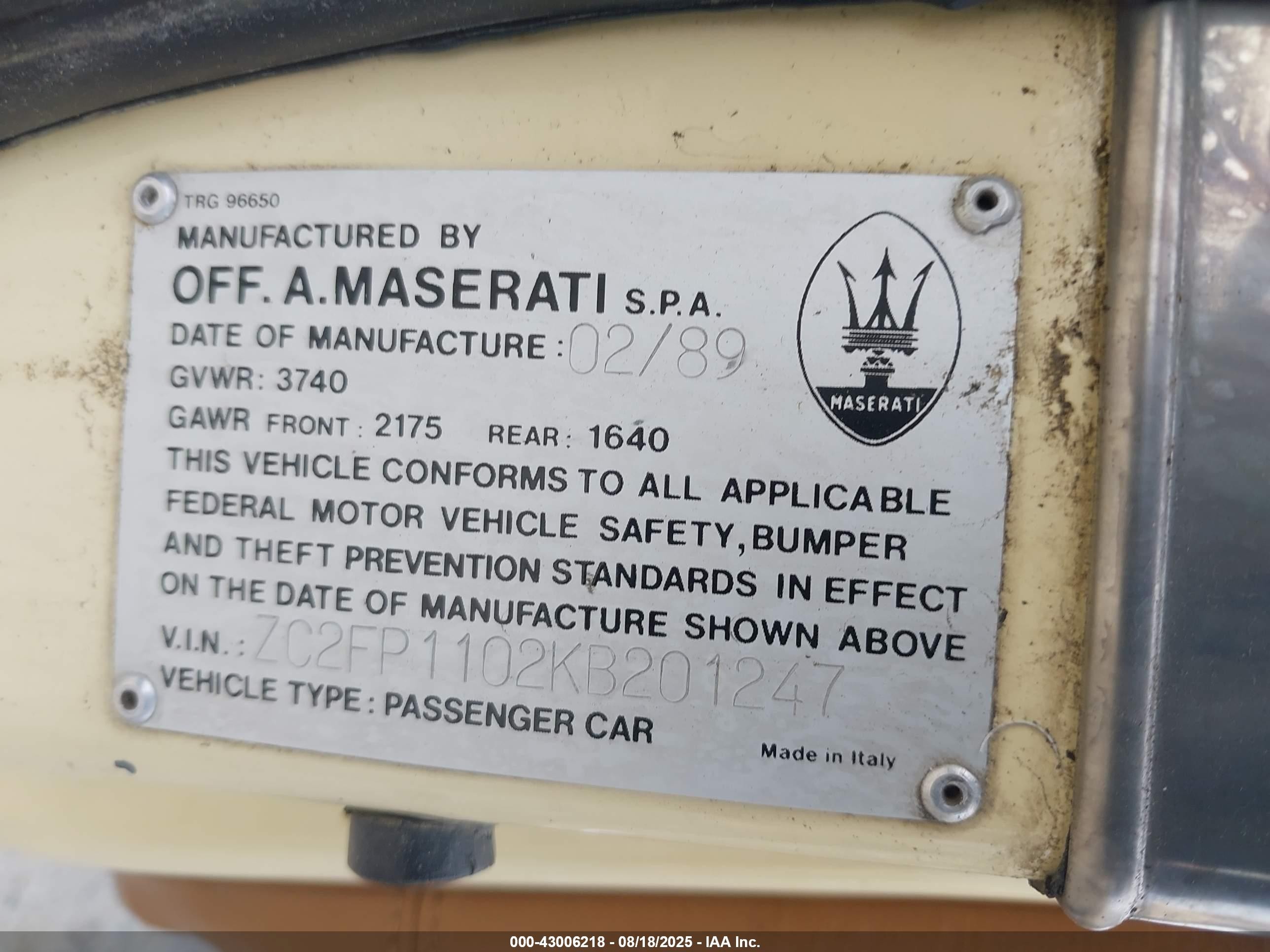 1989 Chrysler Tc By Maserati Beige vin: ZC2FP1102KB201247