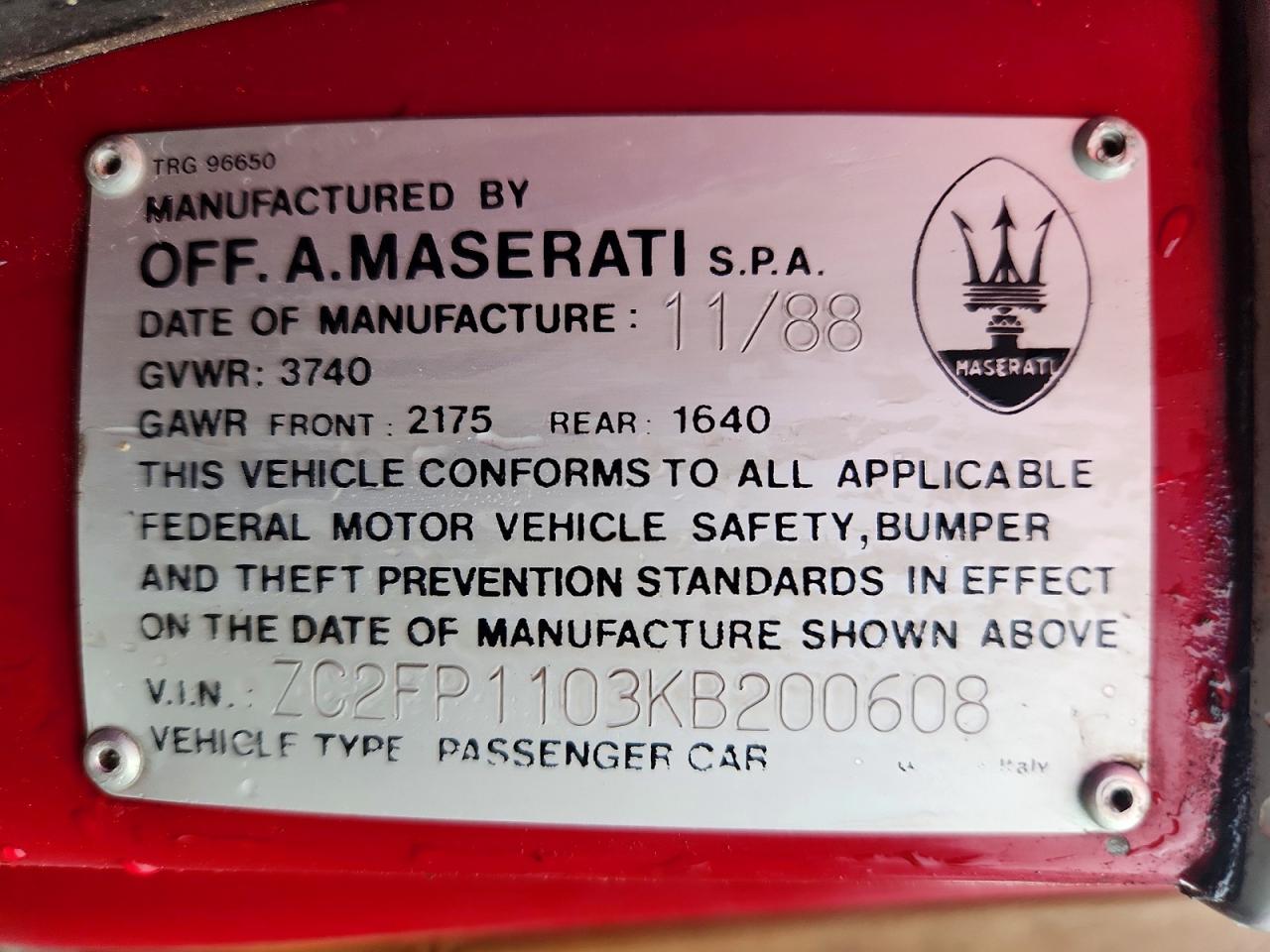 1989 Chrysler Tc By Maserati Red vin: ZC2FP1103KB200608