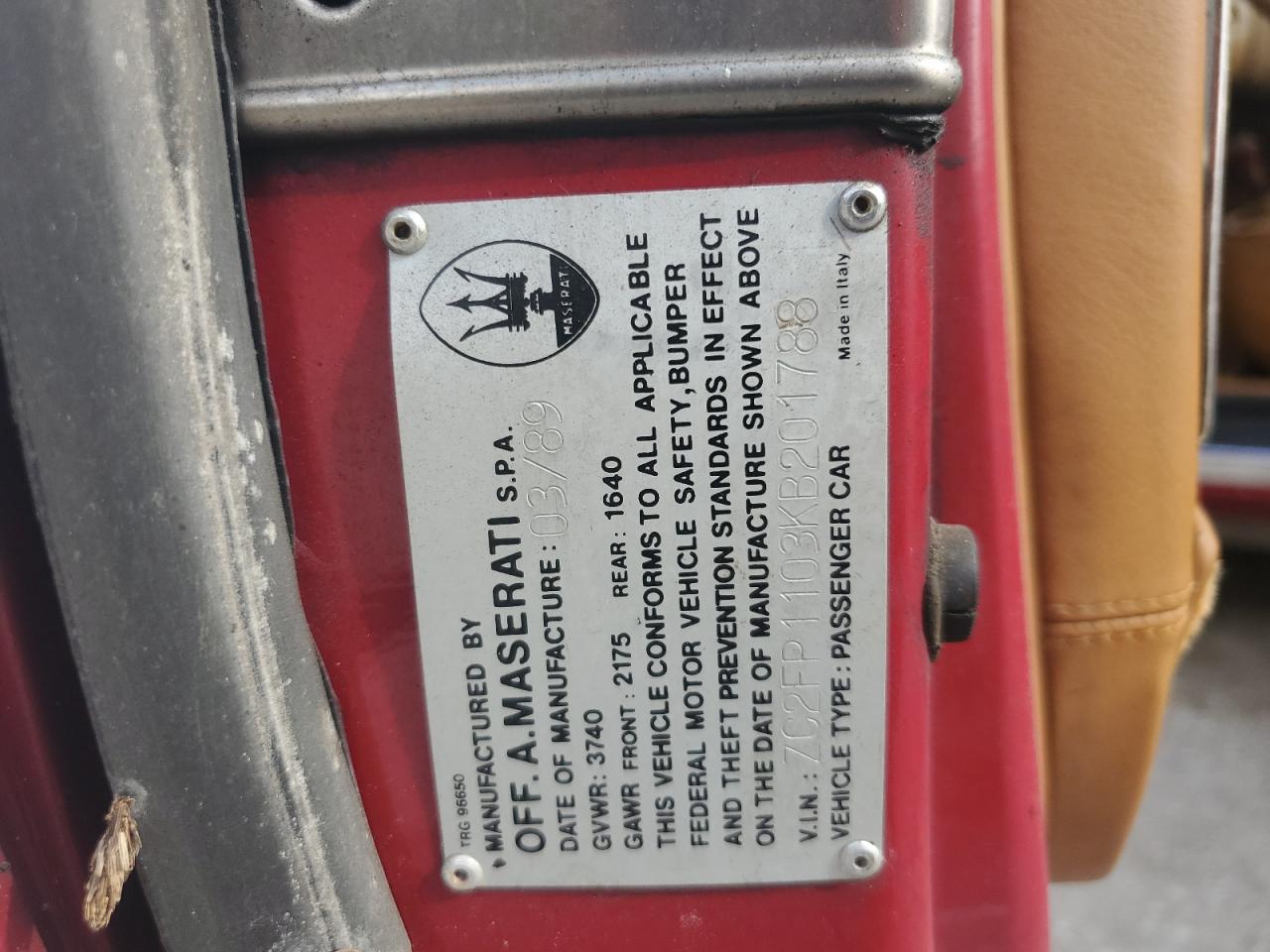 1989 Chrysler Tc By Maserati Red vin: ZC2FP1103KB201788