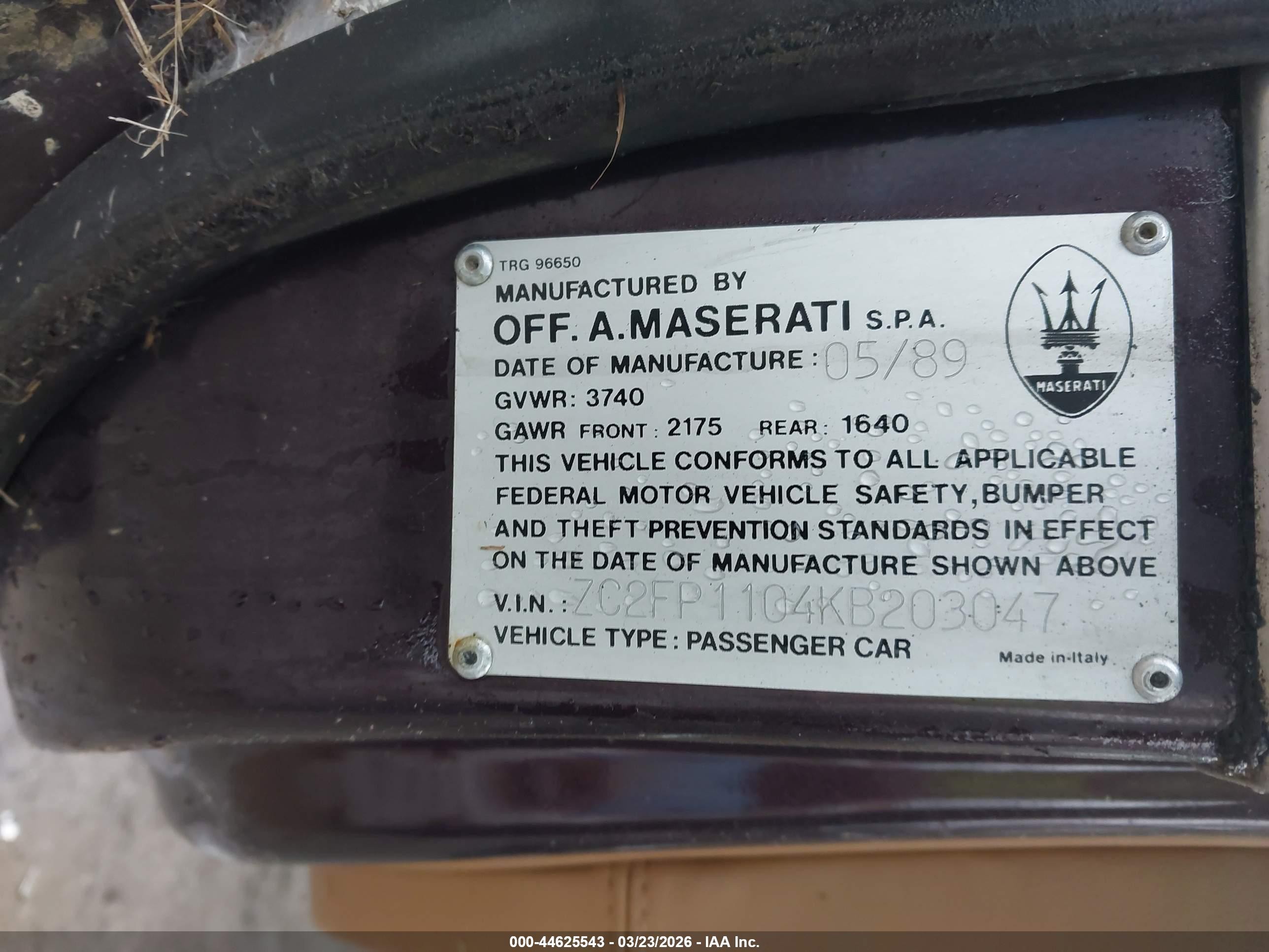 1989 Chrysler Tc By Maserati Burgundy vin: ZC2FP1104KB203047