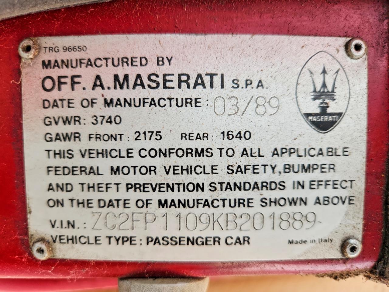1989 Chrysler Tc By Maserati Red vin: ZC2FP1109KB201889