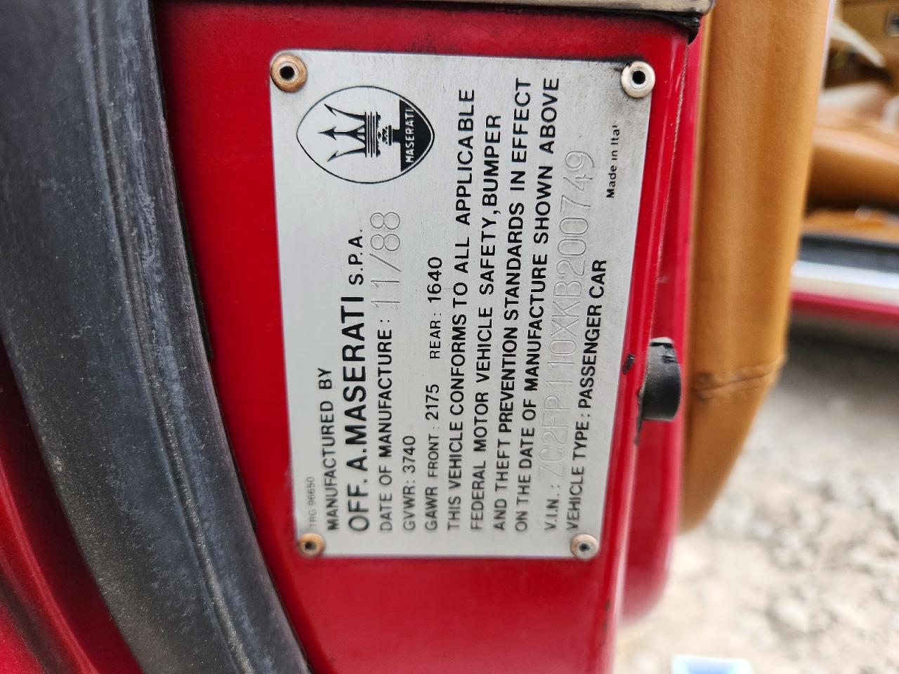 1989 Chrysler Tc By Maserati Red vin: ZC2FP110XKB200749