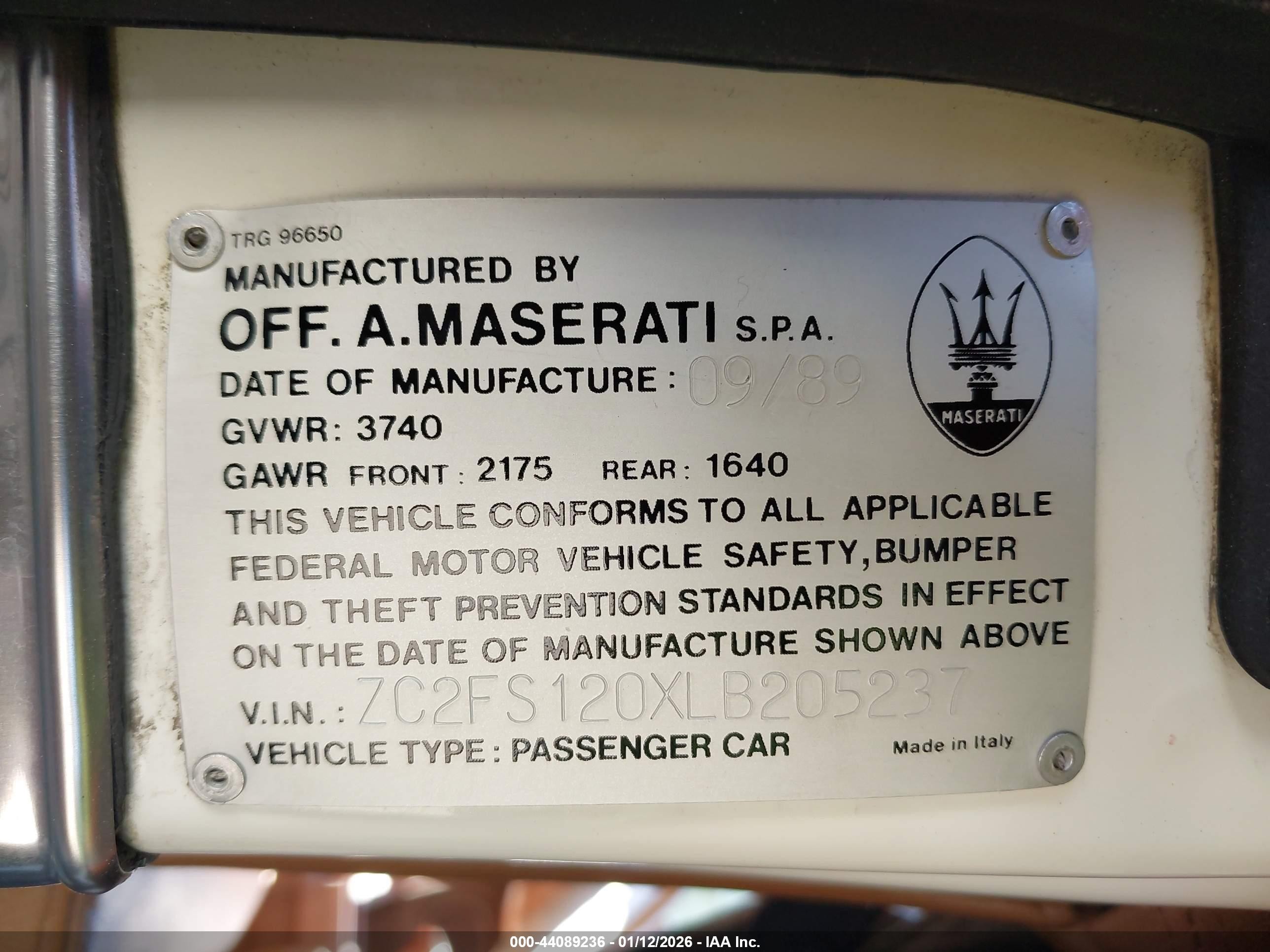 1990 Chrysler Tc By Maserati White vin: ZC2FS120XLB205237