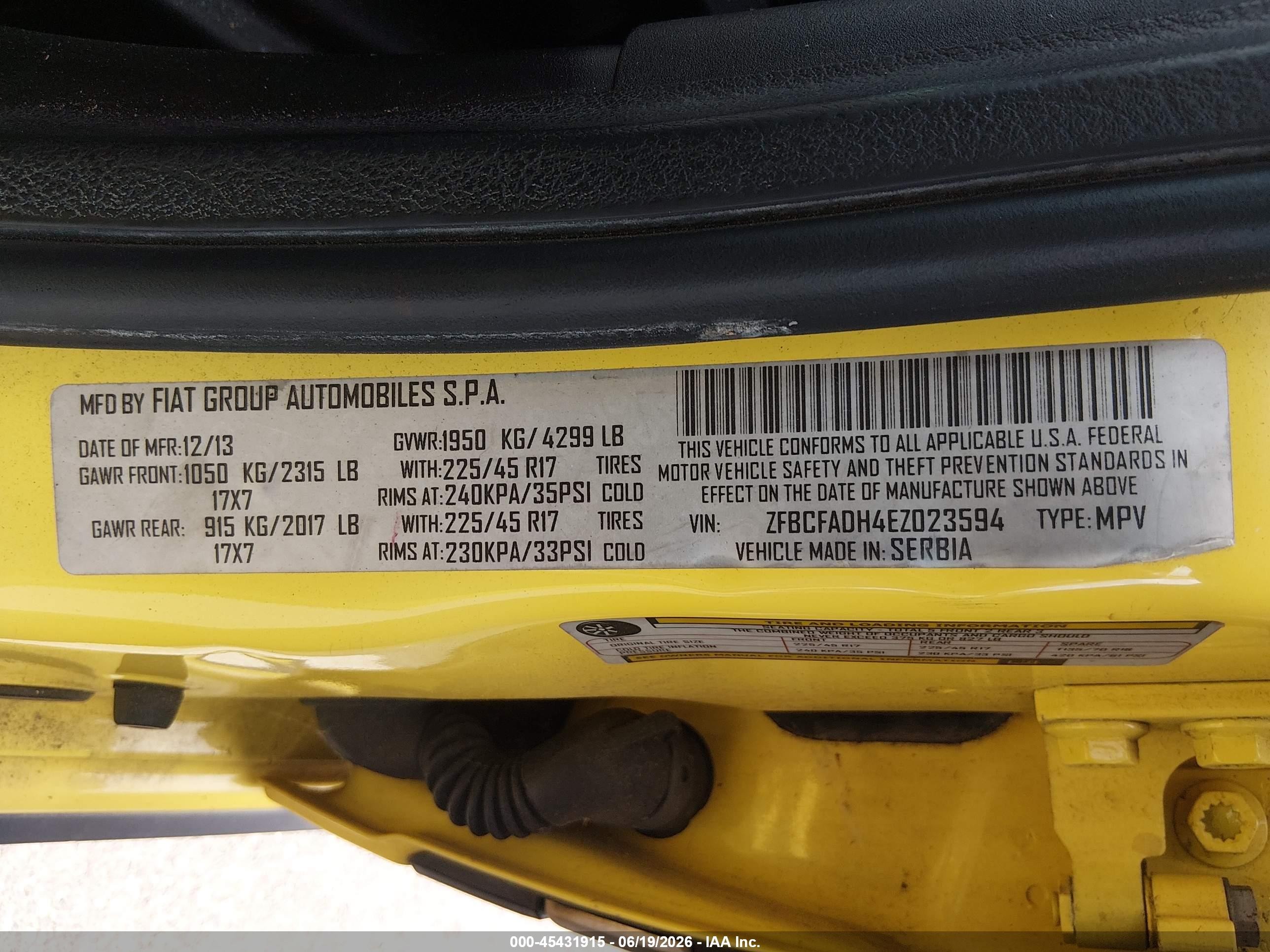 2014 Fiat 500l Trekking Yellow vin: ZFBCFADH4EZ023594