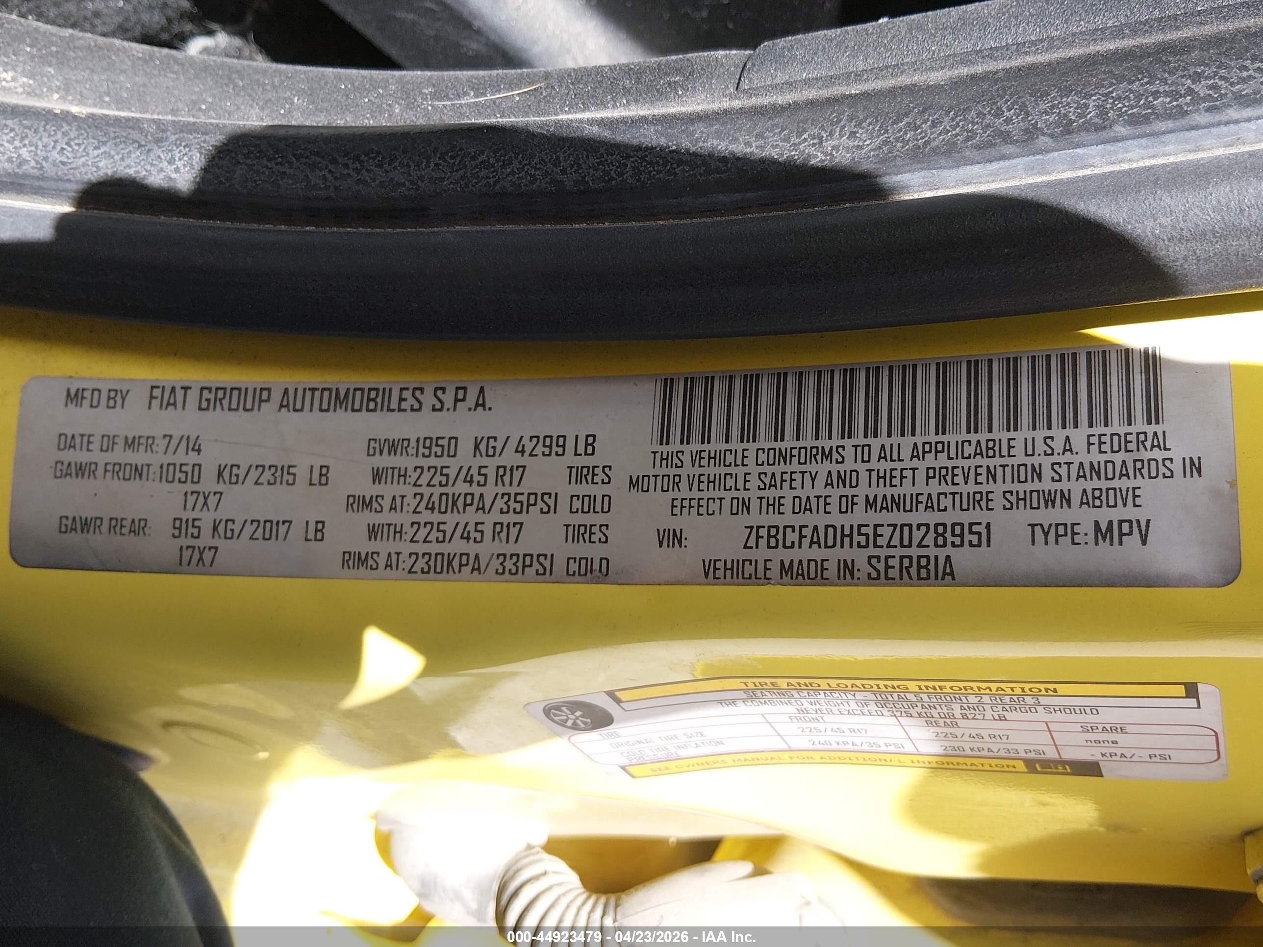 2014 Fiat 500l Trekking Yellow vin: ZFBCFADH5EZ028951