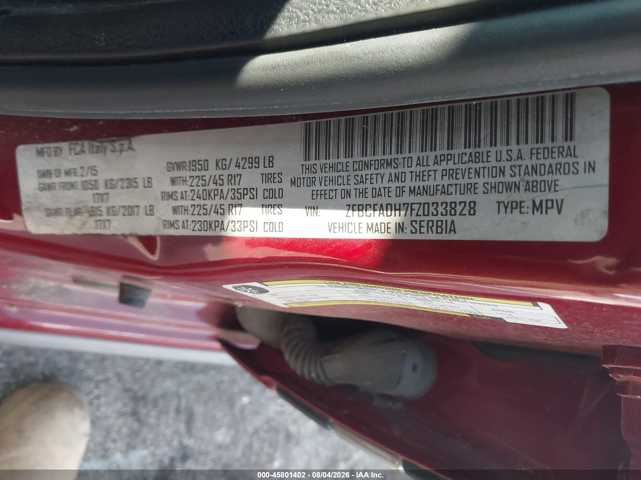 2015 Fiat 500l Trekking Burgundy vin: ZFBCFADH7FZ033828