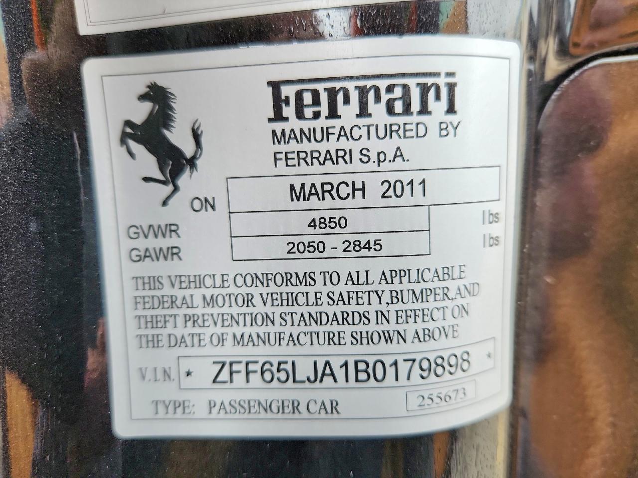 2011 Ferrari California Black vin: ZFF65LJA1B0179898