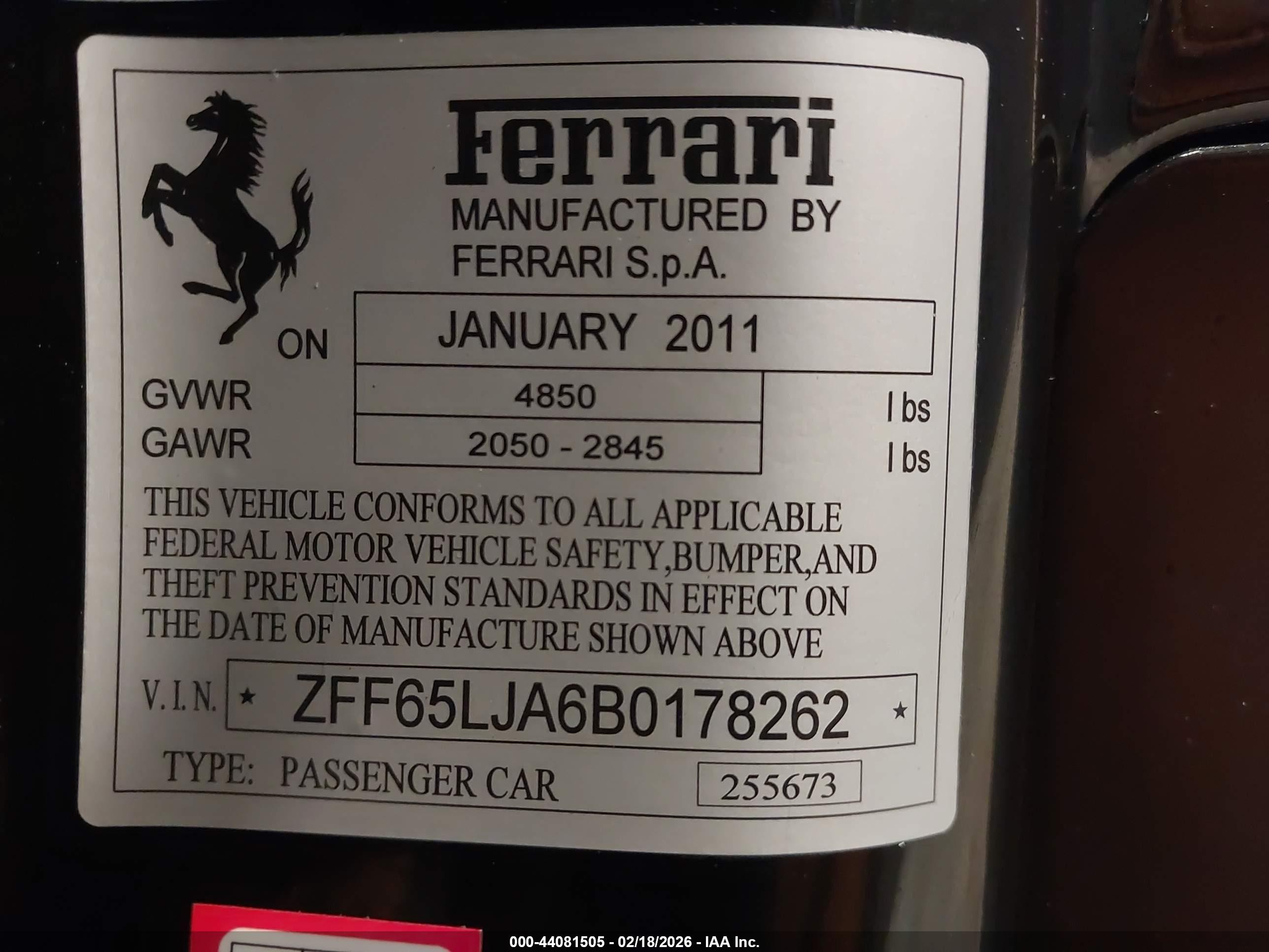 2011 Ferrari California Black vin: ZFF65LJA6B0178262
