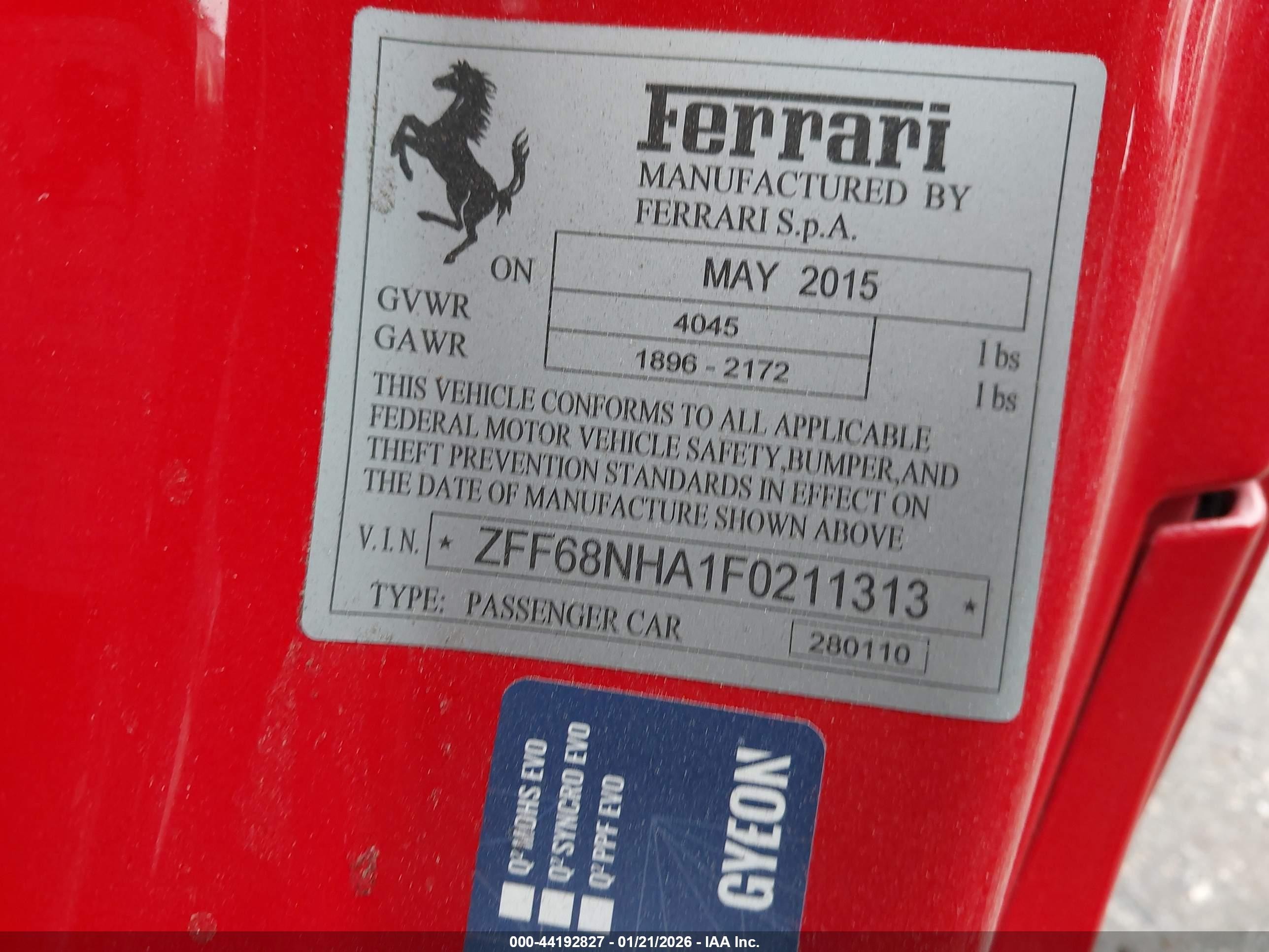 2015 Ferrari 458 Spider   Красный vin: ZFF68NHA1F0211313
