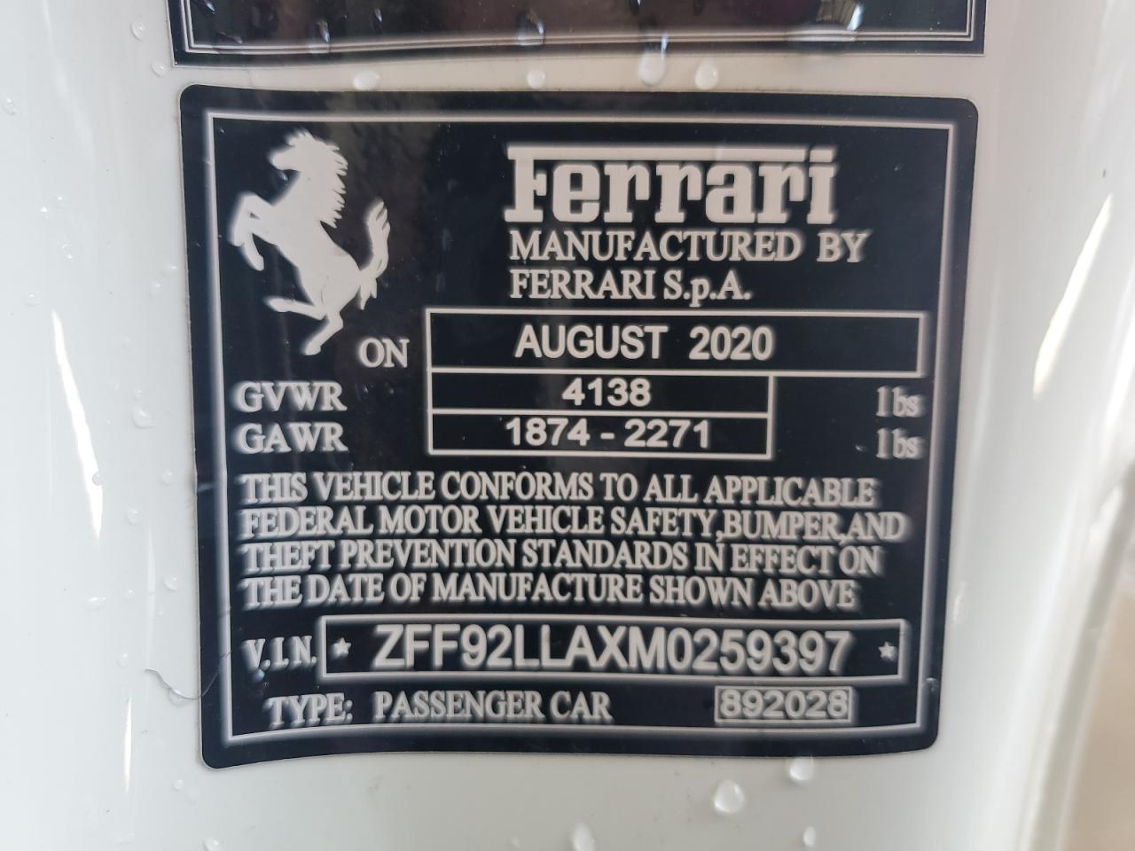 2021 Ferrari F8 Tributo  White vin: ZFF92LLAXM0259397
