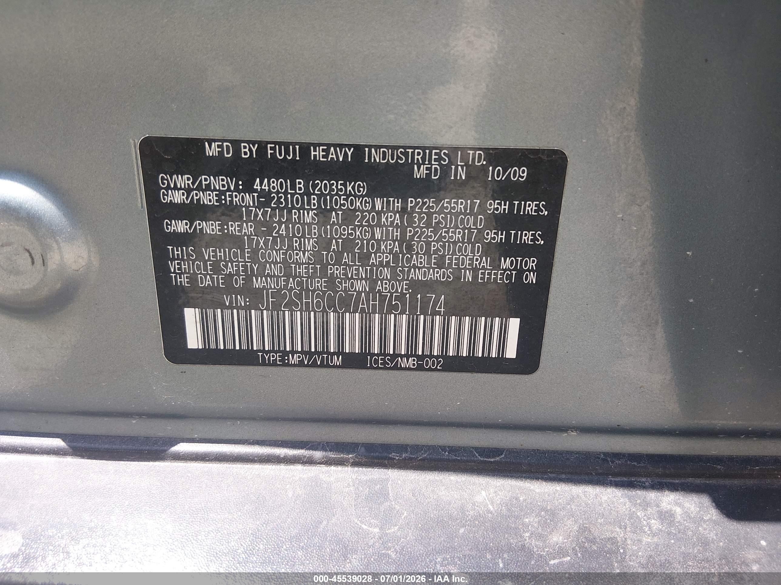 2010 Subaru Forester 2.5x Premium Green vin: jf2sh6cc7ah751174